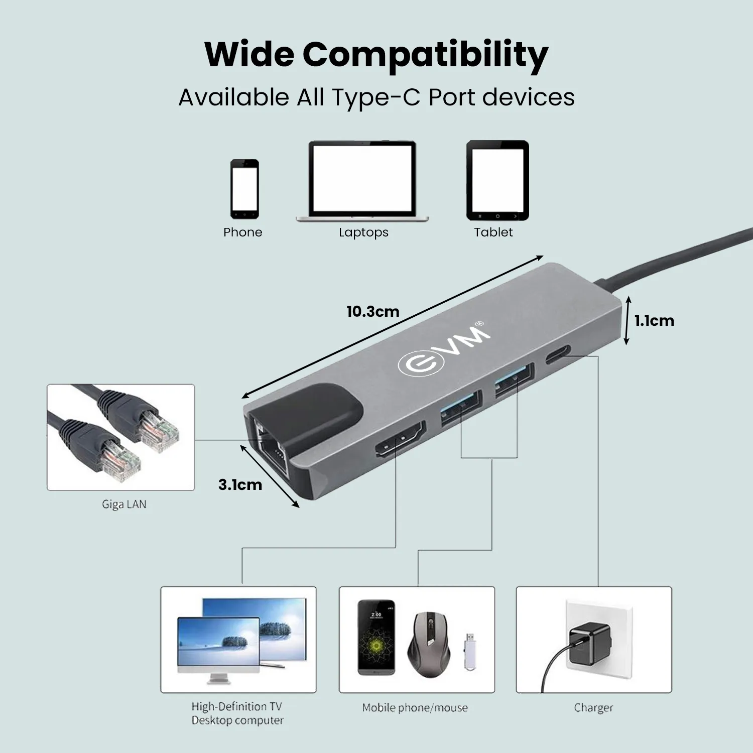 EVM Type-C Dock 5 IN 1 (HDMI+2USB+TYPE-C+LAN) (CGRJ) view 5